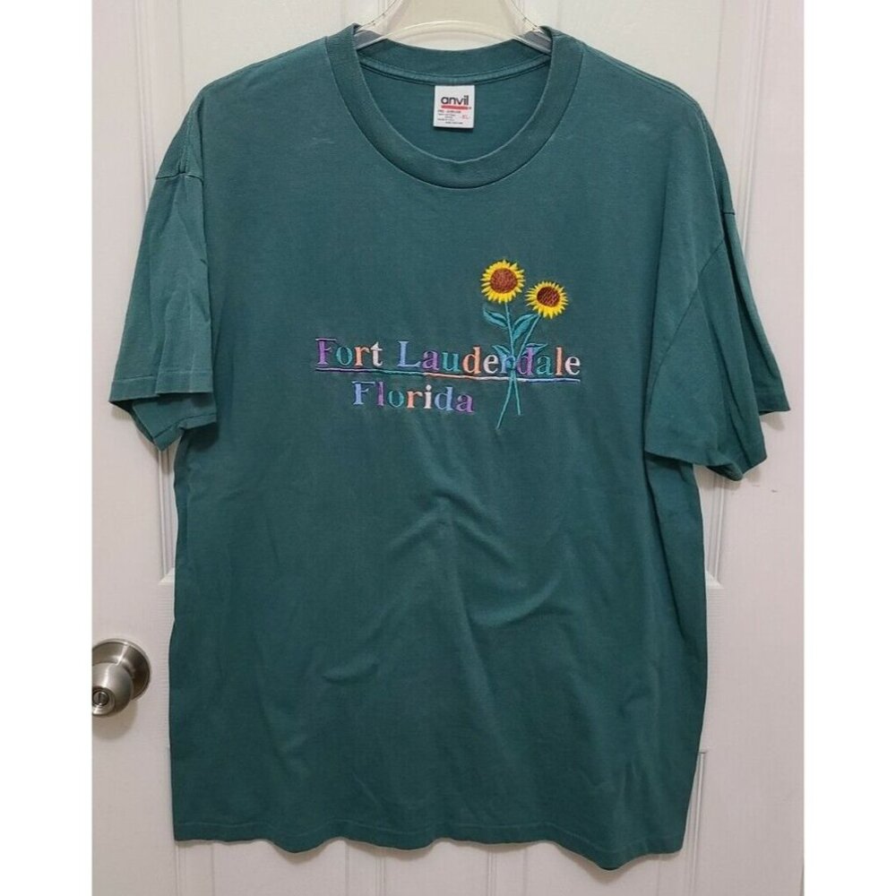 Vtg Fort Lauderdale Short Sleeve Crew Neck TShirt Embroidered Sunflower Green XL